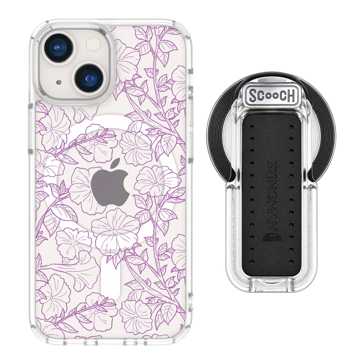 Scooch MagCase Purple Petunias for iPhone 13 mini — MagSafe Wingback Bundle - Clear