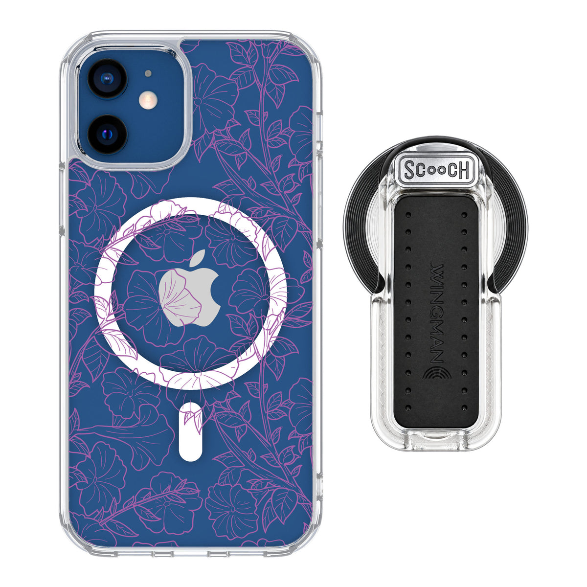Scooch MagCase Purple Petunias for iPhone 12 — MagSafe Wingback Bundle - Clear