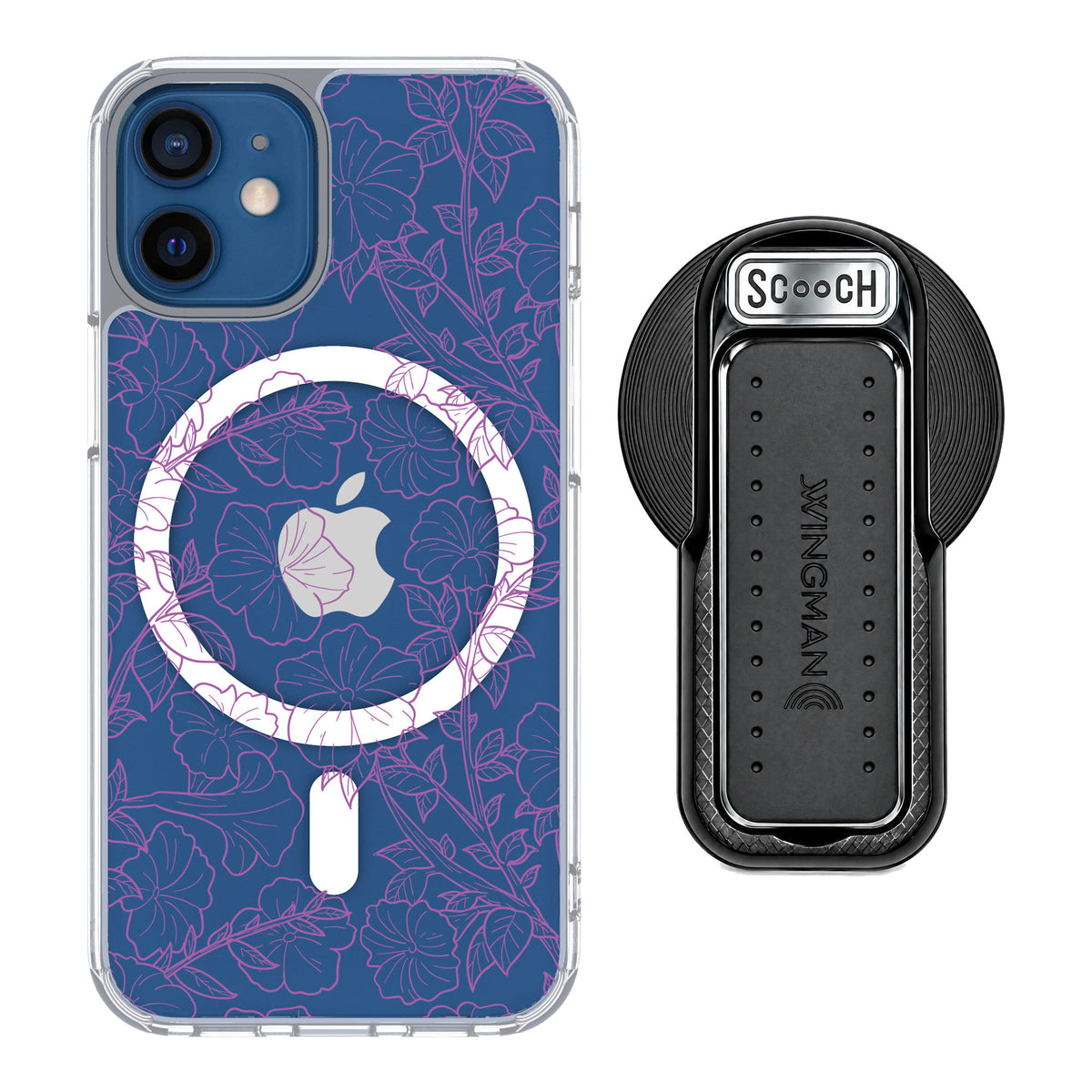 Scooch MagCase Purple Petunias for iPhone 12 mini — MagSafe Wingback Bundle - Black