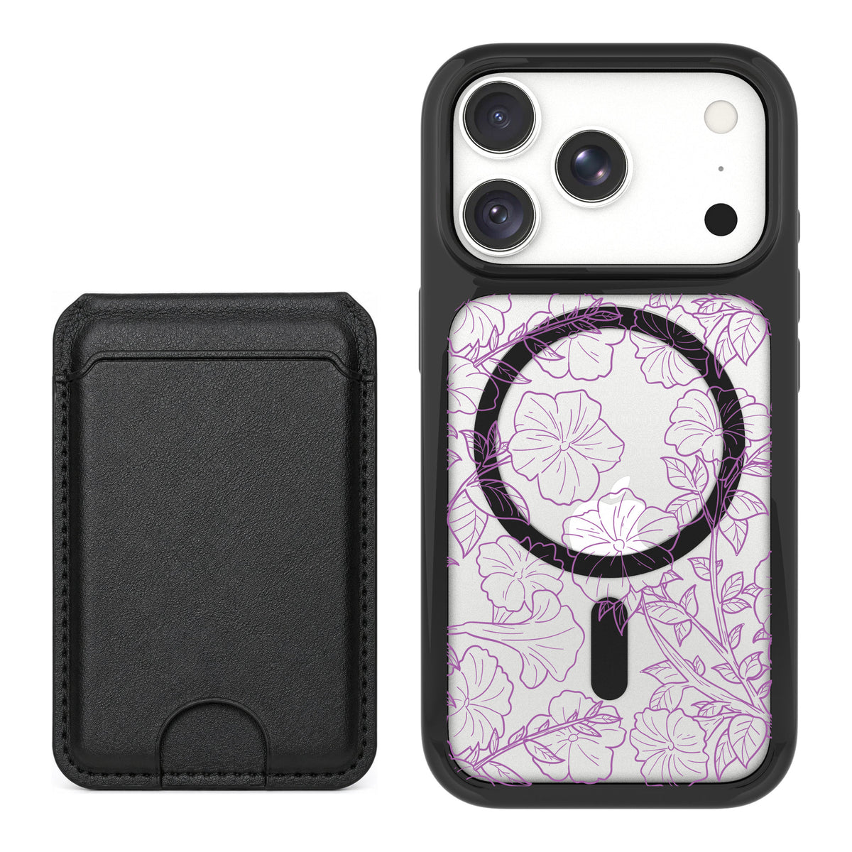 Scooch MagCase Purple Petunias for iPhone 18 Pro Max — Black MagWallet Bundle