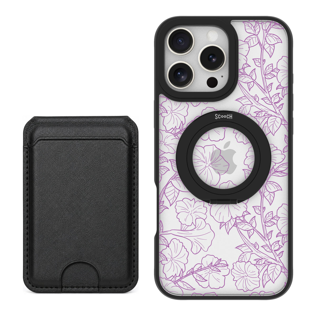 Scooch MagCase Purple Petunias for iPhone 16 Pro Max — Black MagWallet Bundle
