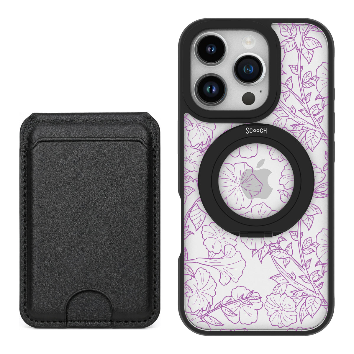Scooch MagCase Purple Petunias for iPhone 16 Pro — Black MagWallet Bundle