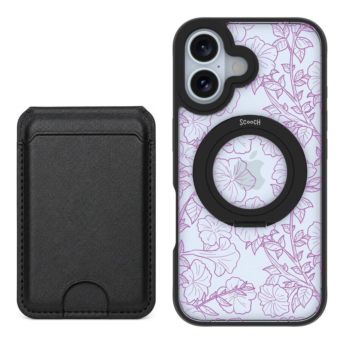 Scooch MagCase Purple Petunias for iPhone 16 — Black MagWallet Bundle