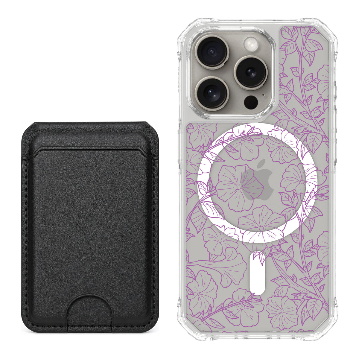 Scooch MagCase Purple Petunias for iPhone 15 Pro — Black MagWallet Bundle