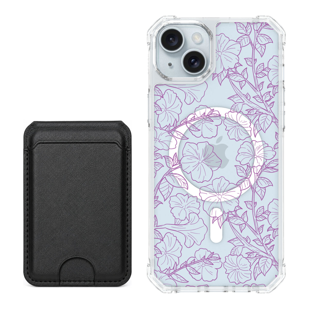 Scooch MagCase Purple Petunias for iPhone 15 Plus — Black MagWallet Bundle