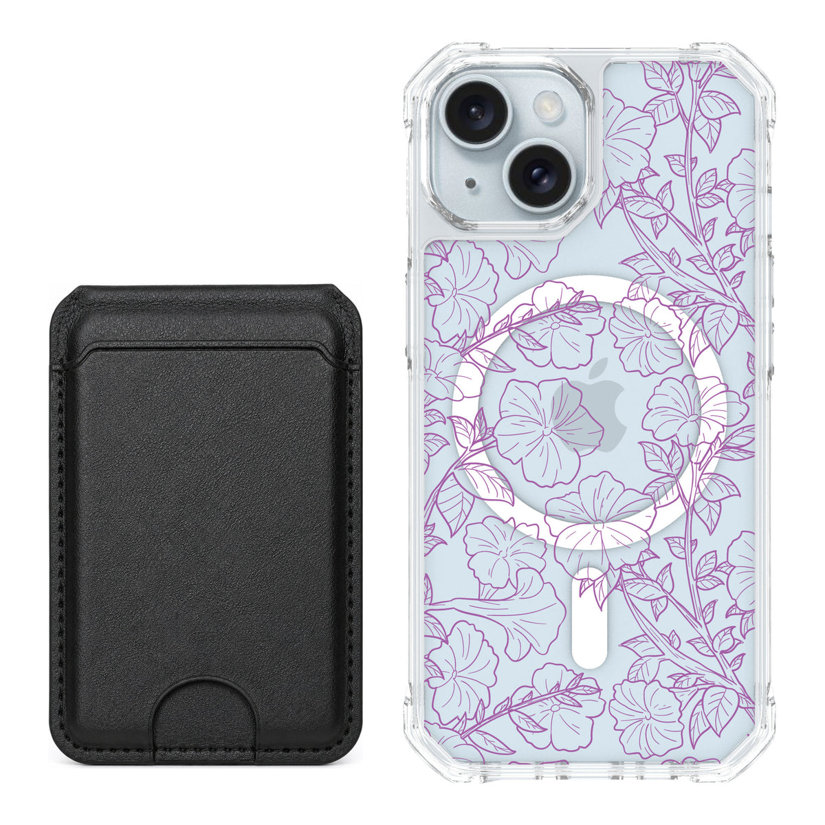 Scooch MagCase Purple Petunias for iPhone 15 — Black MagWallet Bundle