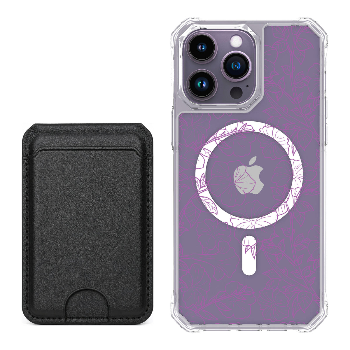 Scooch MagCase Purple Petunias for iPhone 14 Pro Max — Black MagWallet Bundle