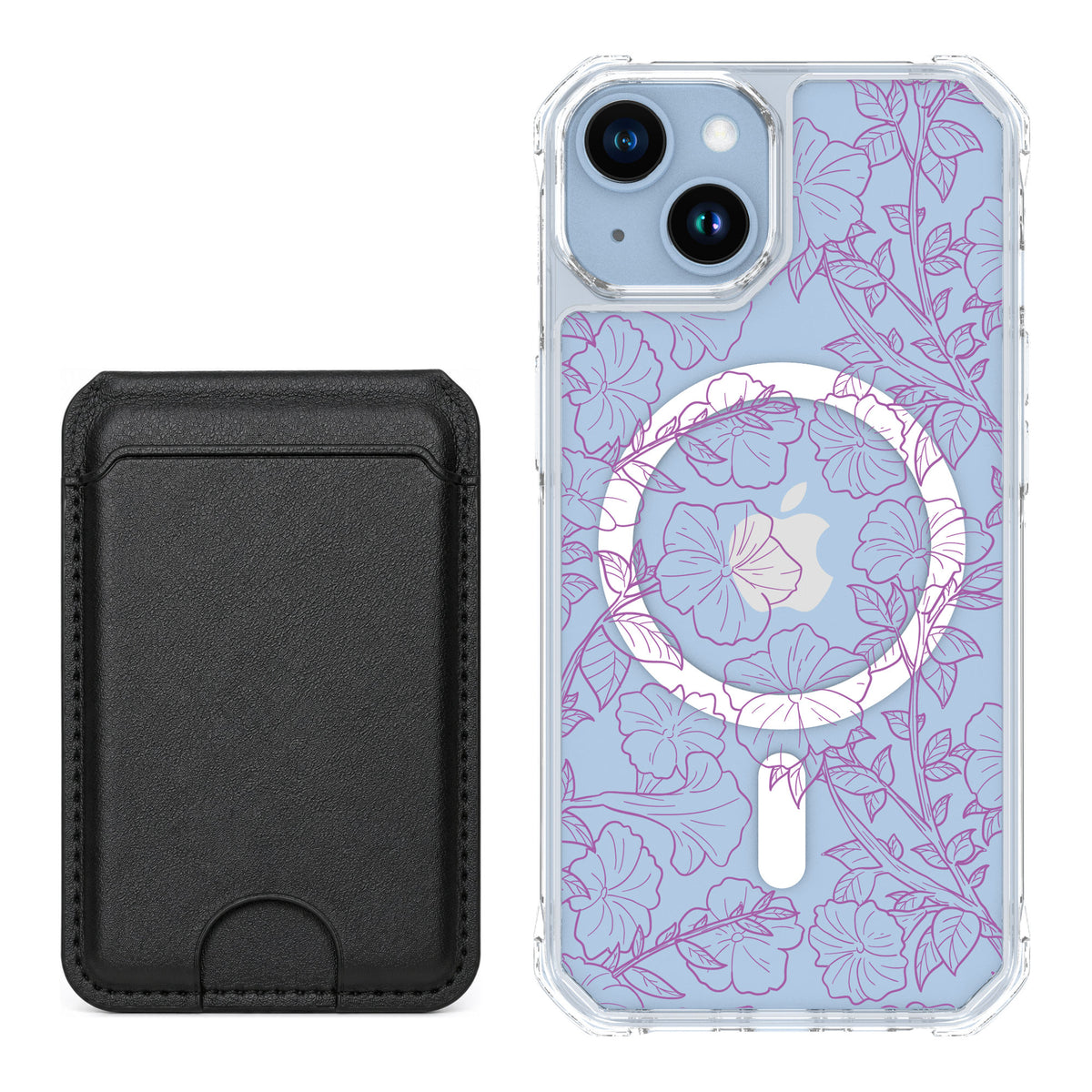 Scooch MagCase Purple Petunias for iPhone 14 — Black MagWallet Bundle