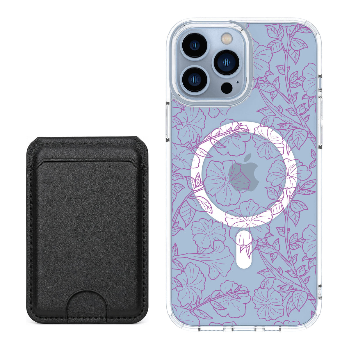 Scooch MagCase Purple Petunias for iPhone 13 Pro Max — Black MagWallet Bundle