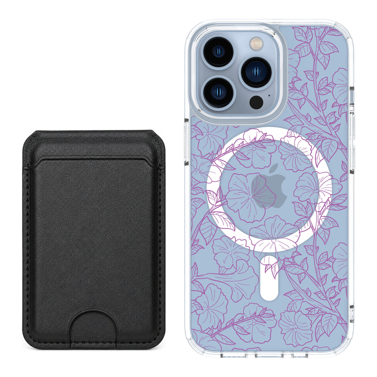 Scooch MagCase Purple Petunias for iPhone 13 Pro — Black MagWallet Bundle