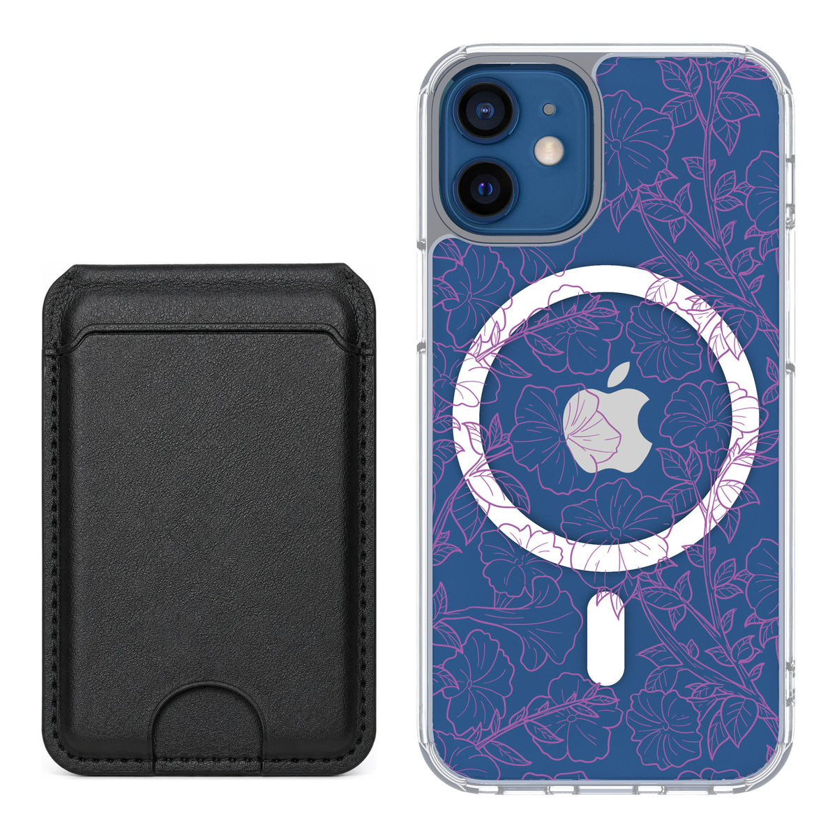 Scooch MagCase Purple Petunias for iPhone 12 mini — Black MagWallet Bundle