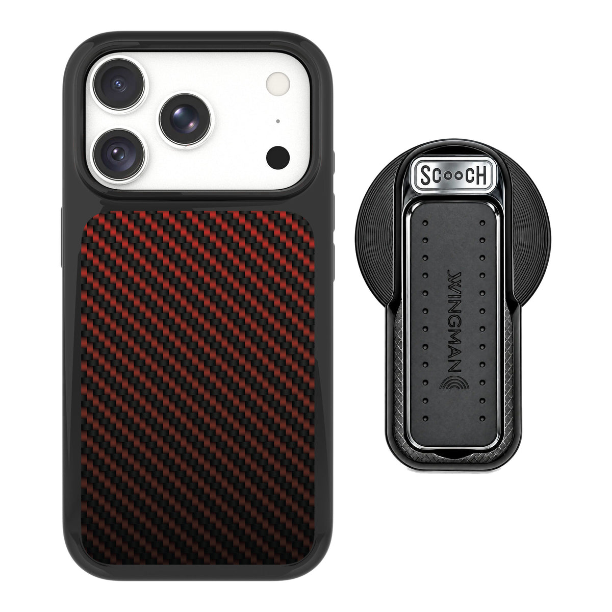 Scooch MagCase Red Carbon Fiber for iPhone 18 Pro Max — MagSafe Wingback Bundle - Black