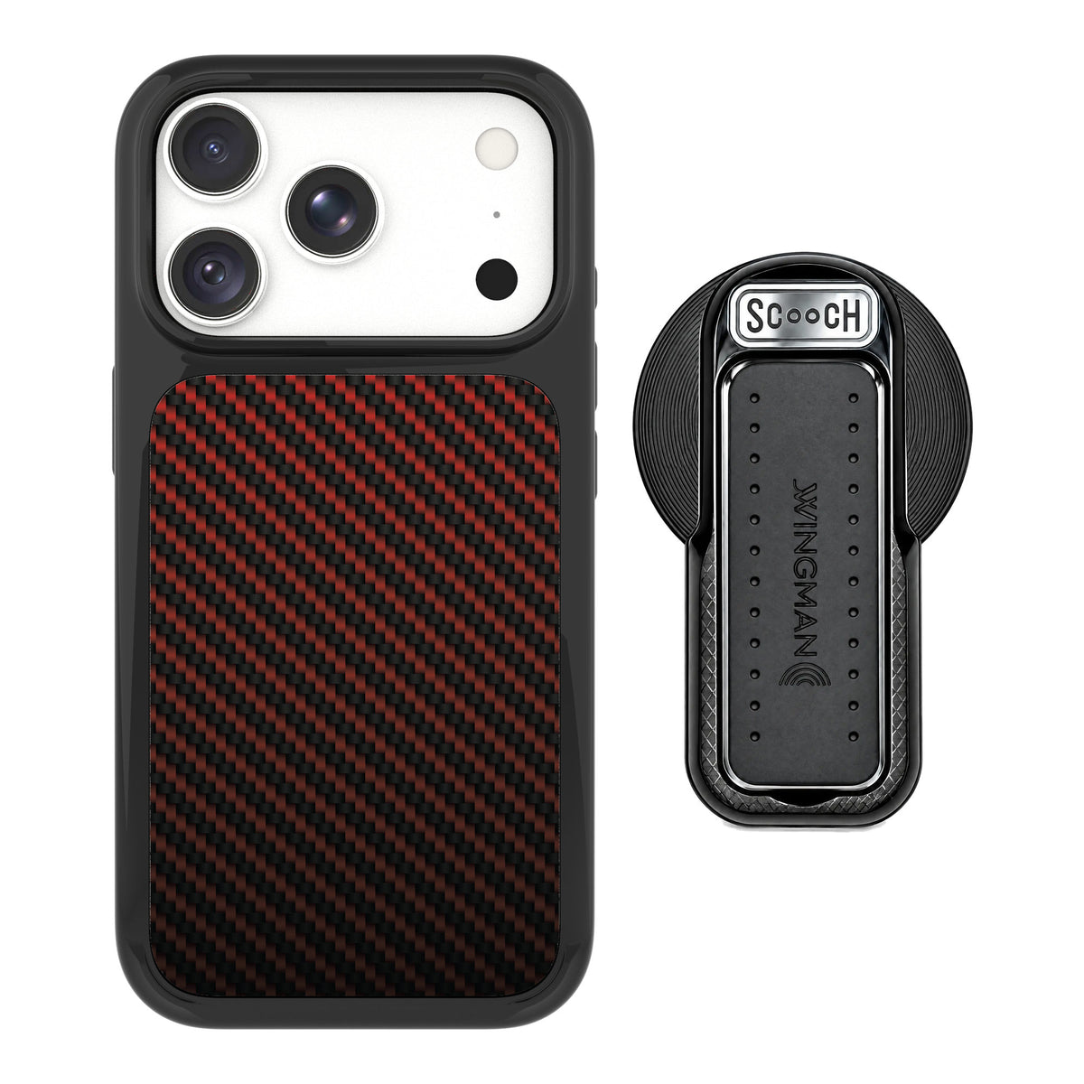Scooch MagCase Red Carbon Fiber for iPhone 18 Pro — MagSafe Wingback Bundle - Black