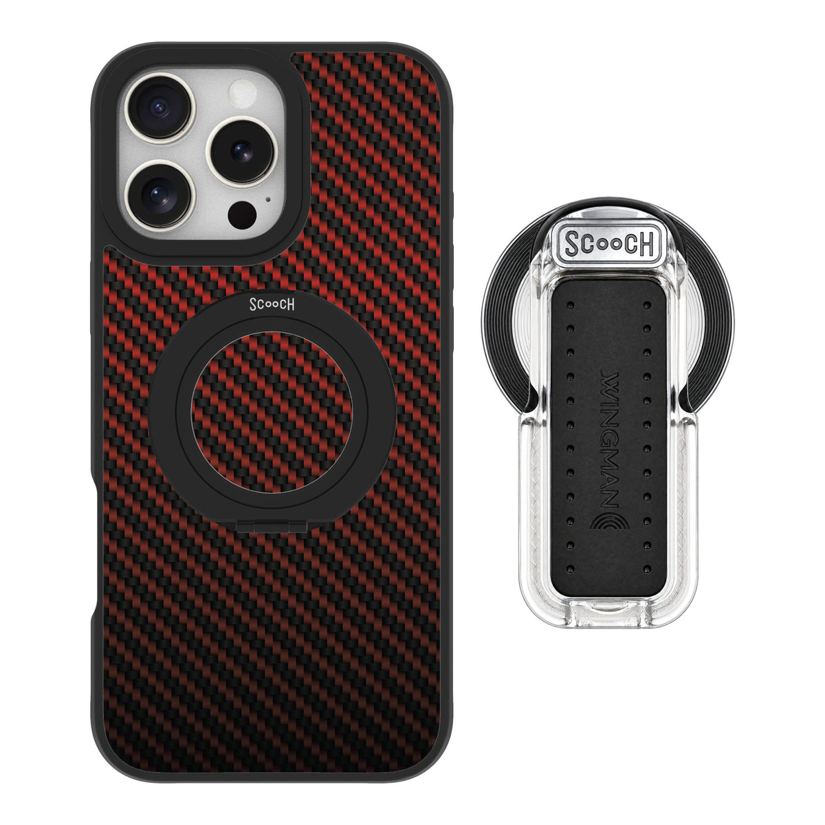 Scooch MagCase Red Carbon Fiber for iPhone 16 Pro Max — MagSafe Wingback Bundle - Clear