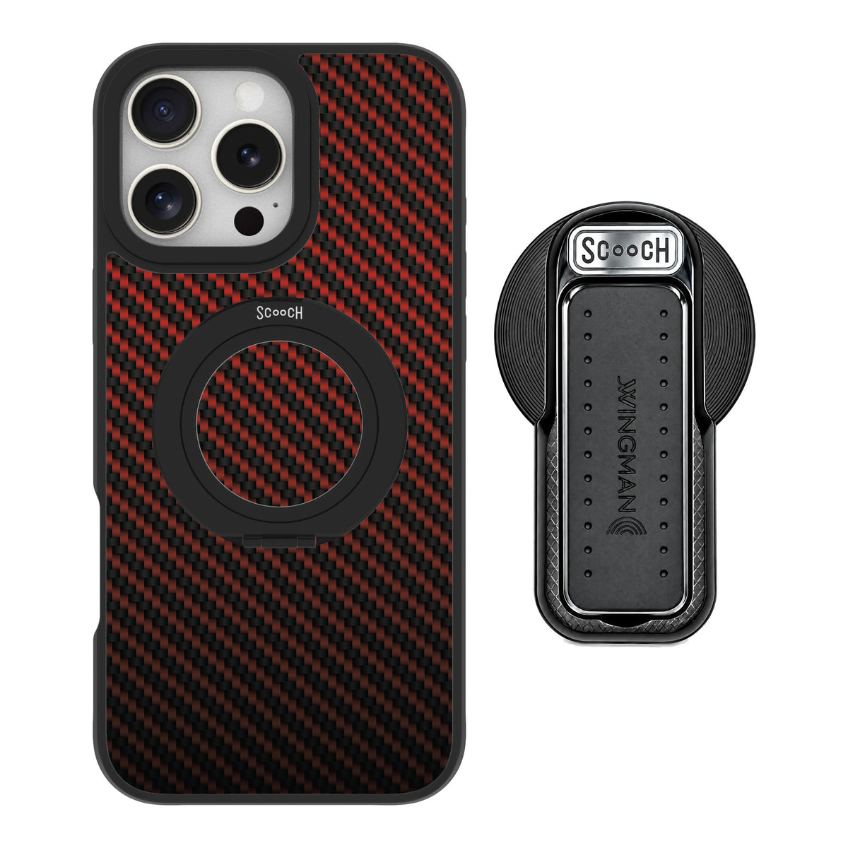Scooch MagCase Red Carbon Fiber for iPhone 16 Pro Max — MagSafe Wingback Bundle - Black