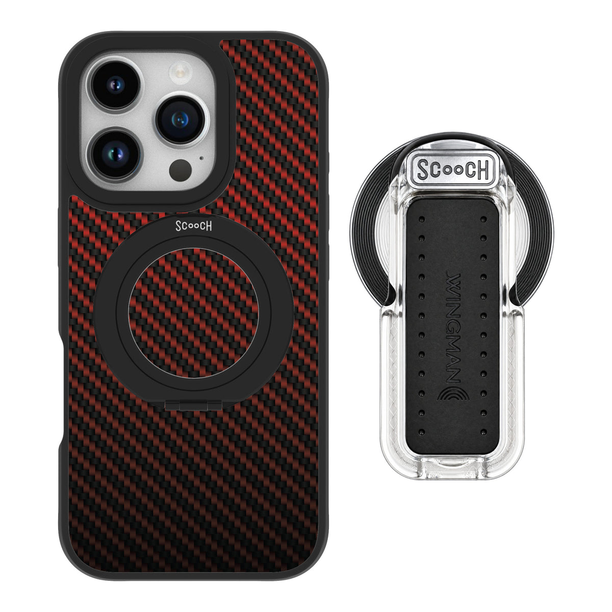 Scooch MagCase Red Carbon Fiber for iPhone 16 Pro — MagSafe Wingback Bundle - Clear