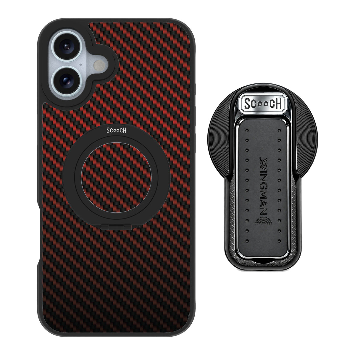 Scooch MagCase Red Carbon Fiber for iPhone 16 Plus — MagSafe Wingback Bundle - Black