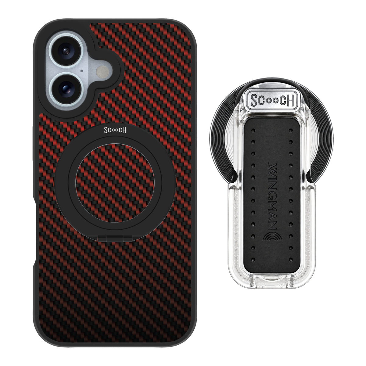 Scooch MagCase Red Carbon Fiber for iPhone 16 — MagSafe Wingback Bundle - Clear