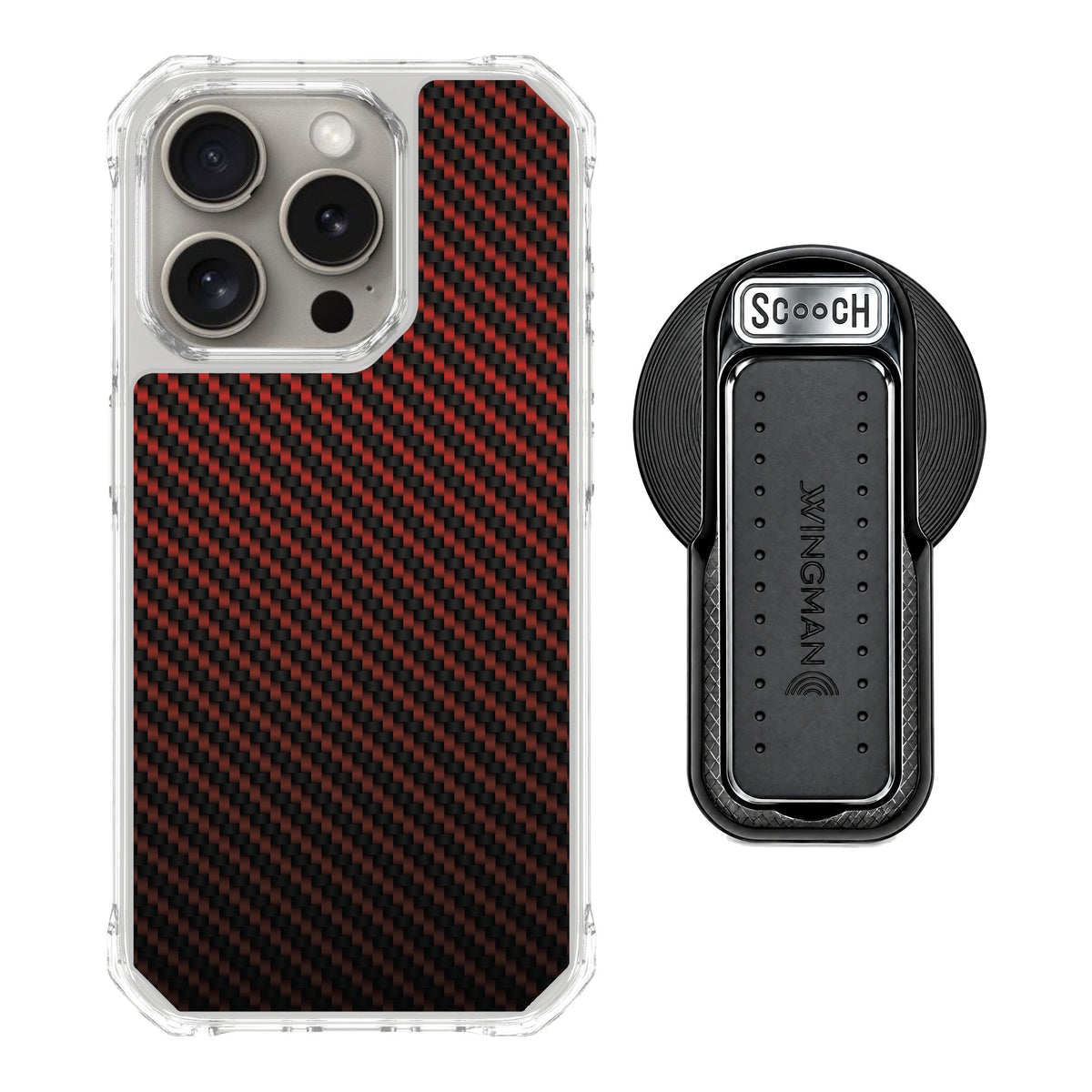 Scooch MagCase Red Carbon Fiber for iPhone 15 Pro — MagSafe Wingback Bundle - Black