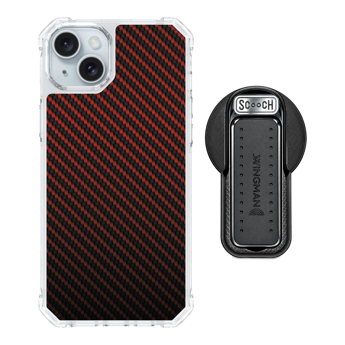 Scooch MagCase Red Carbon Fiber for iPhone 15 Plus — MagSafe Wingback Bundle - Black