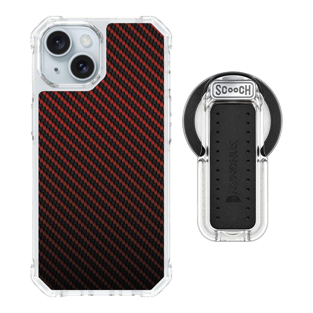 Scooch MagCase Red Carbon Fiber for iPhone 15 — MagSafe Wingback Bundle - Clear