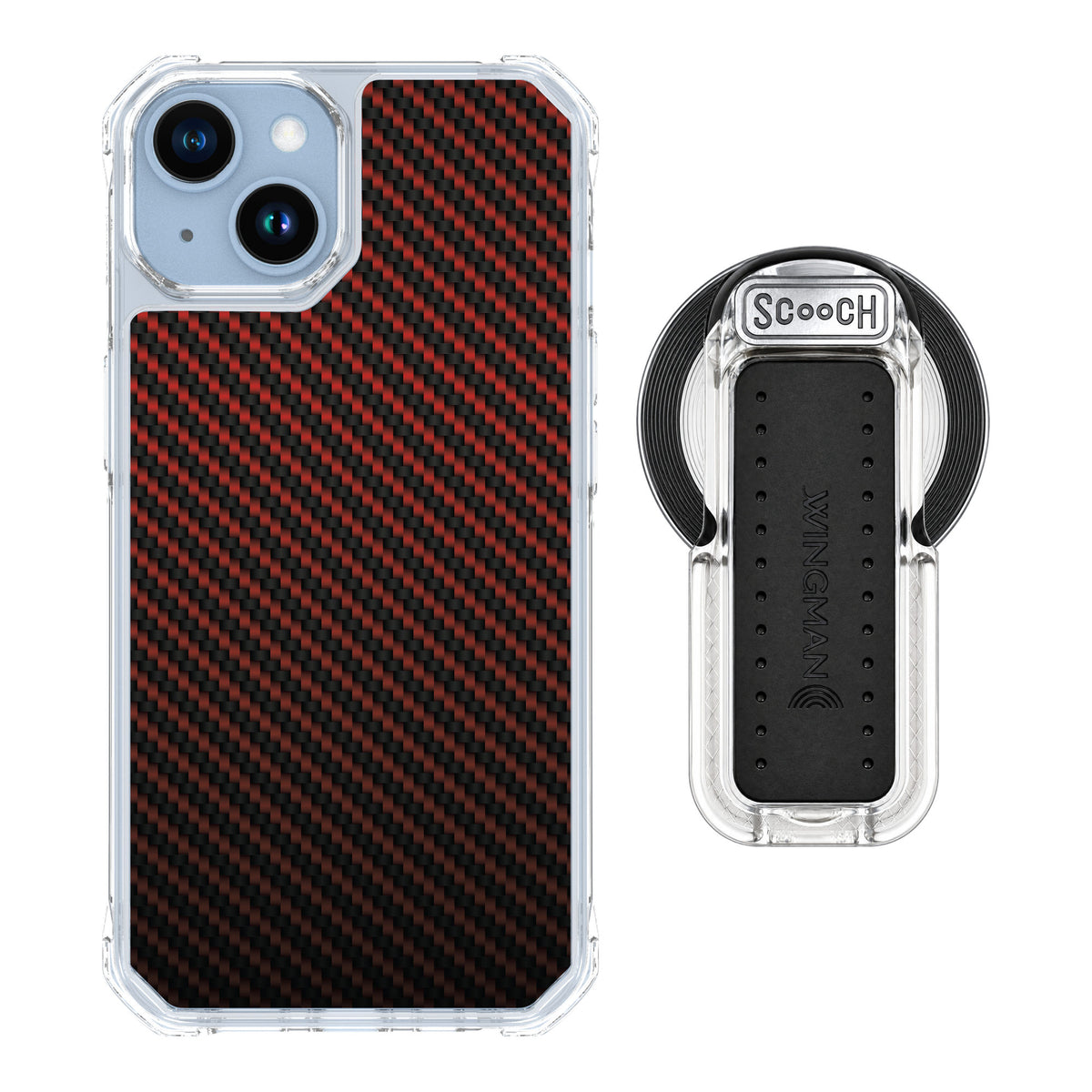 Scooch MagCase Red Carbon Fiber for iPhone 14 — MagSafe Wingback Bundle - Clear