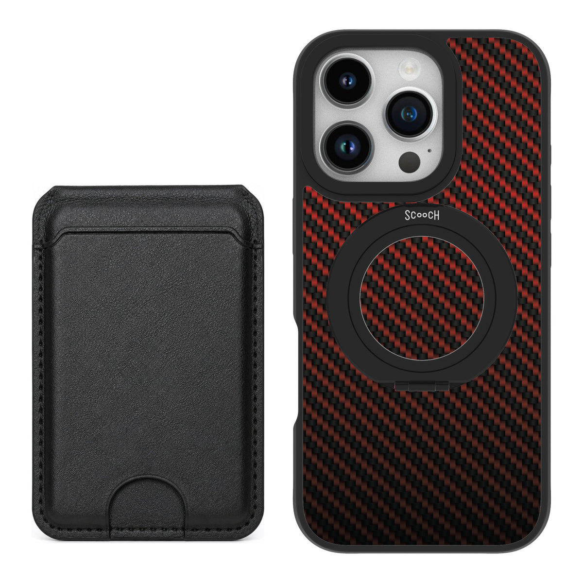 Scooch MagCase Red Carbon Fiber for iPhone 16 Pro — Black MagWallet Bundle