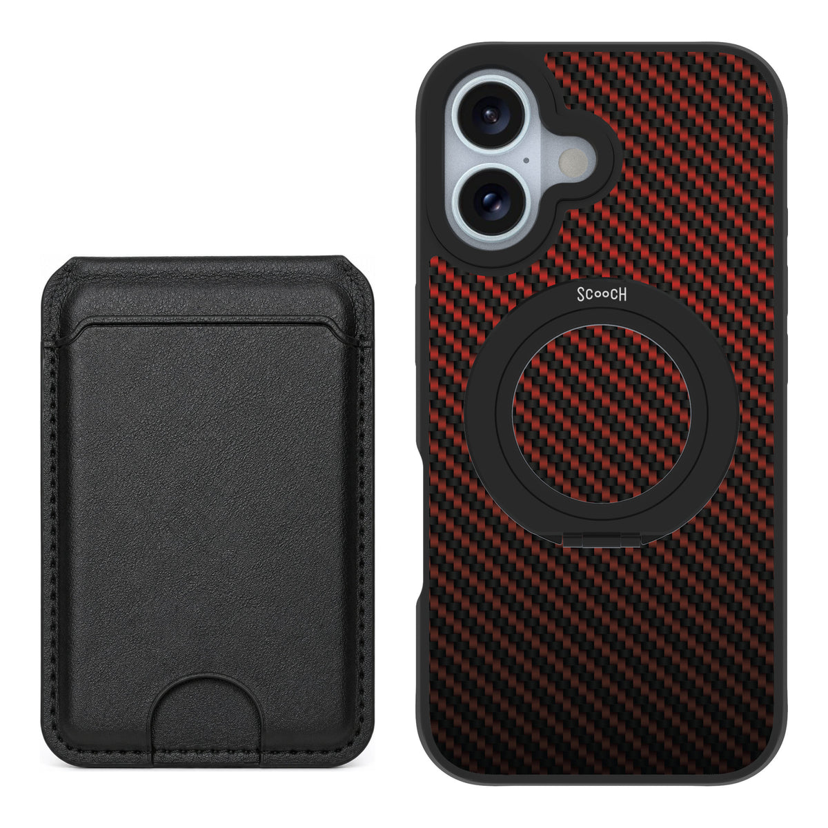 Scooch MagCase Red Carbon Fiber for iPhone 16 — Black MagWallet Bundle