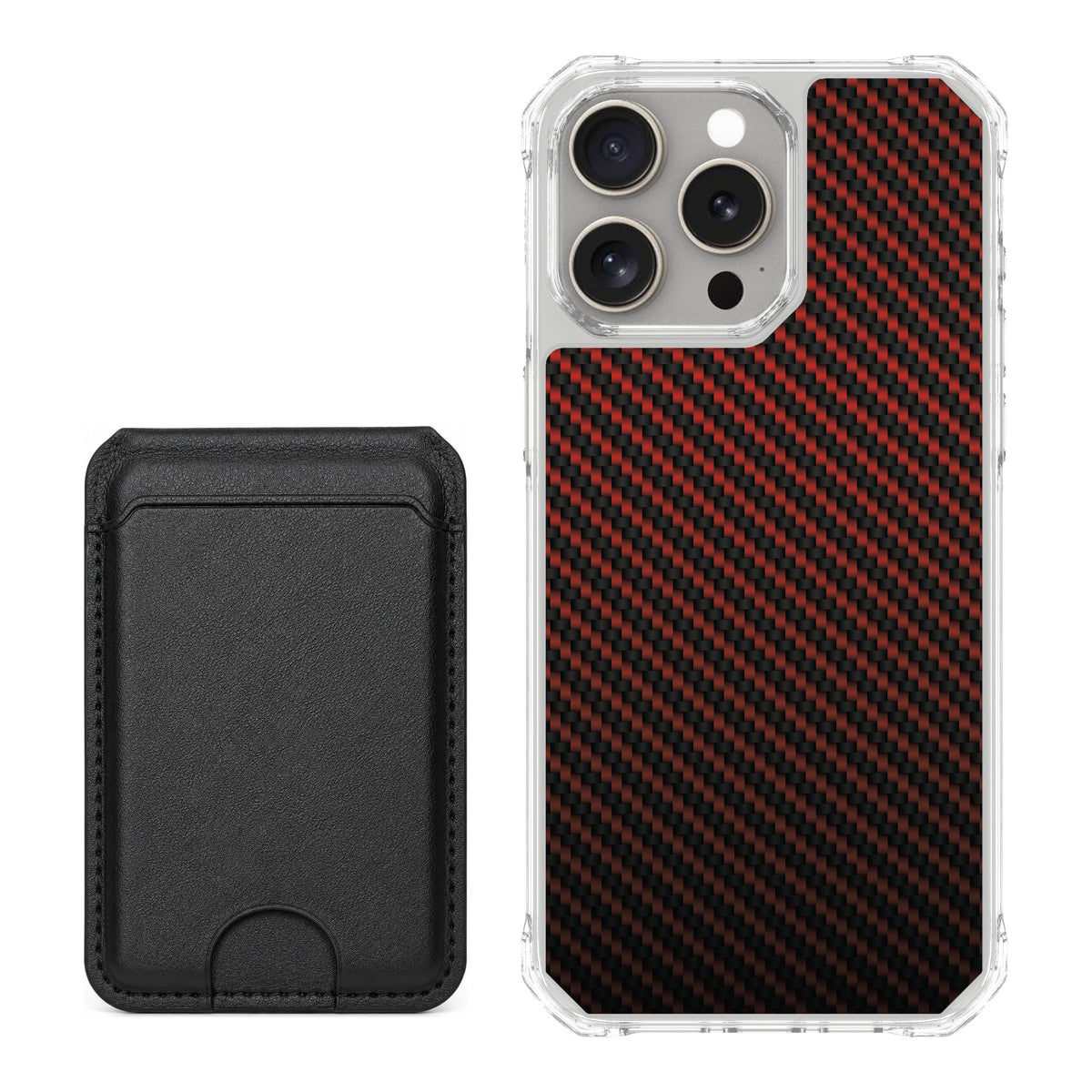 Scooch MagCase Red Carbon Fiber for iPhone 15 Pro Max — Black MagWallet Bundle
