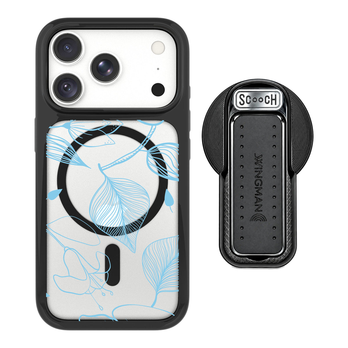 Scooch MagCase Blue Hibiscus for iPhone 18 Pro Max — MagSafe Wingback Bundle - Black
