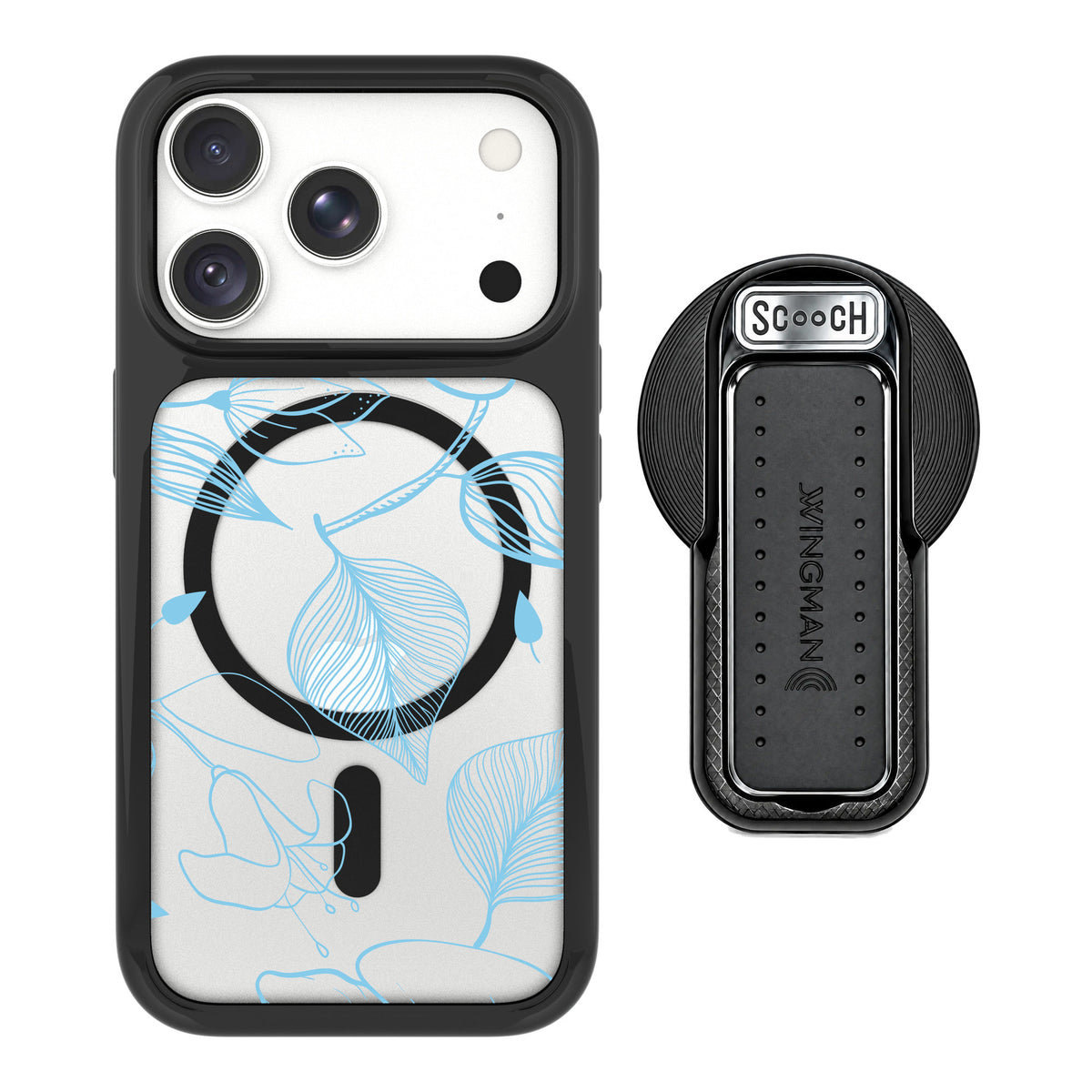 Scooch MagCase Blue Hibiscus for iPhone 18 Pro — MagSafe Wingback Bundle - Black