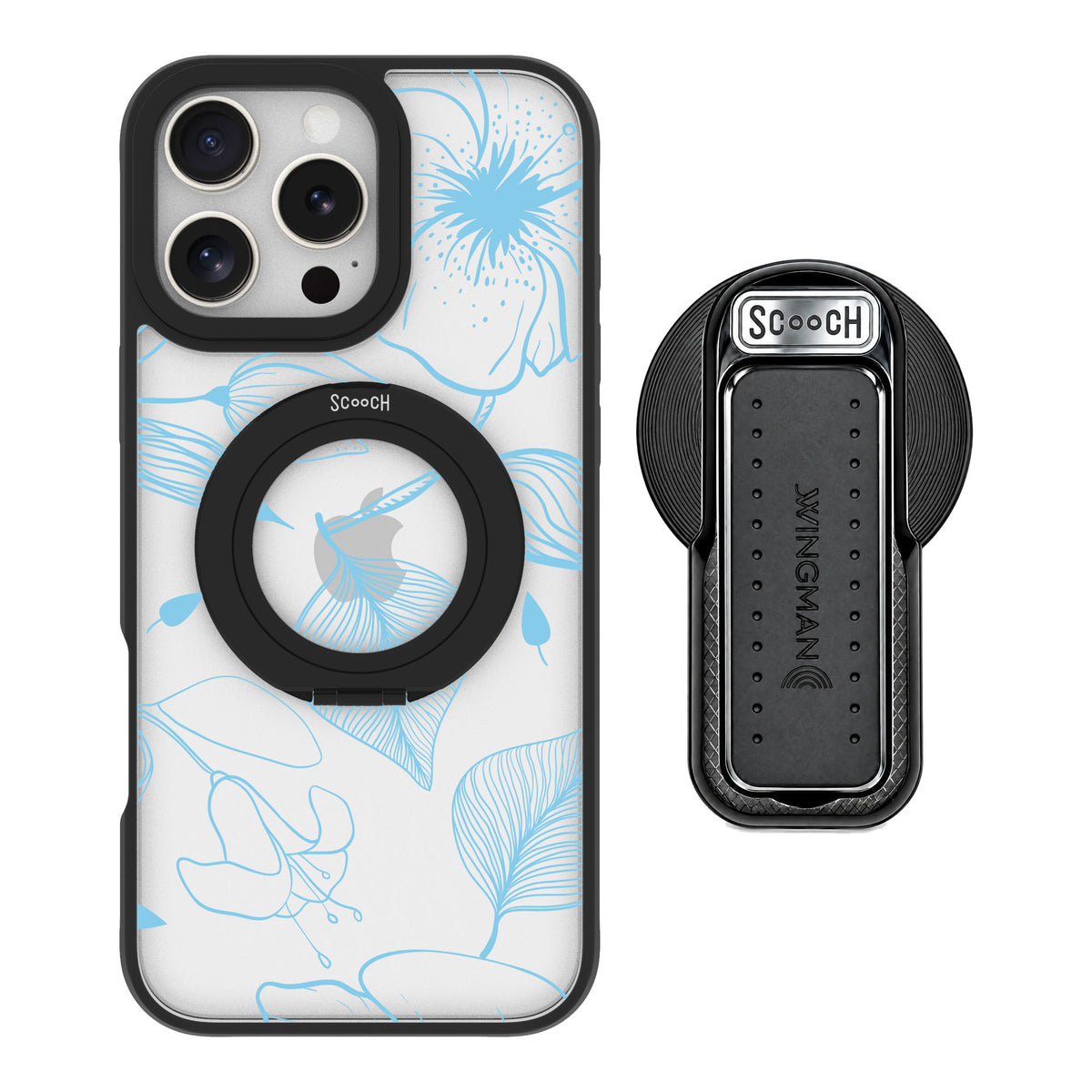 Scooch MagCase Blue Hibiscus for iPhone 16 Pro Max — MagSafe Wingback Bundle - Black