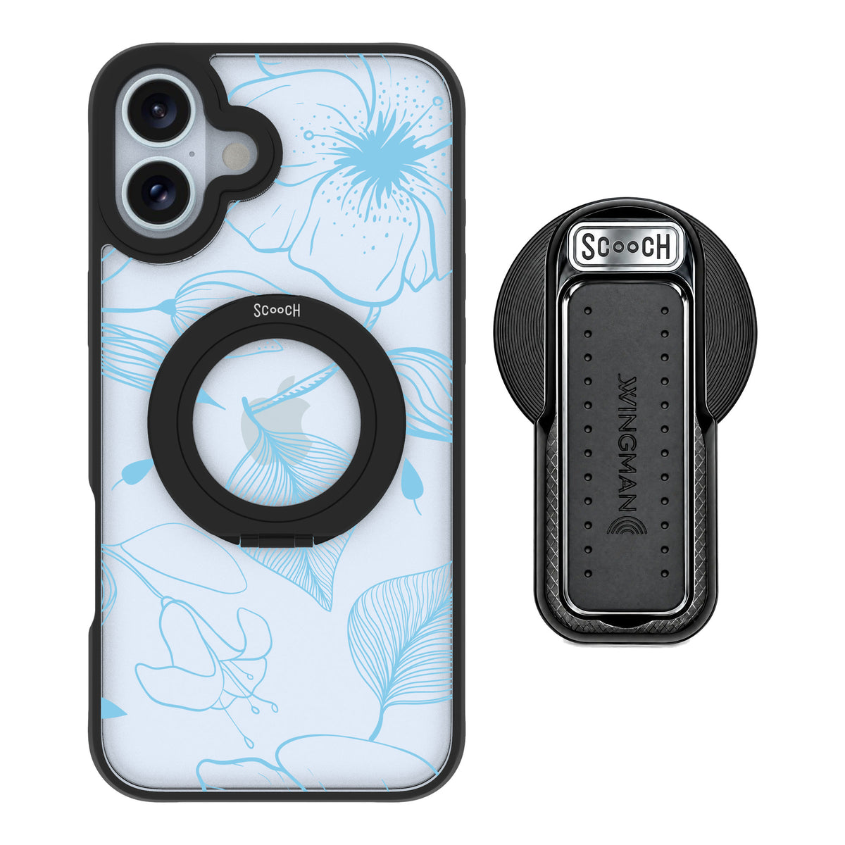 Scooch MagCase Blue Hibiscus for iPhone 16 Plus — MagSafe Wingback Bundle - Black