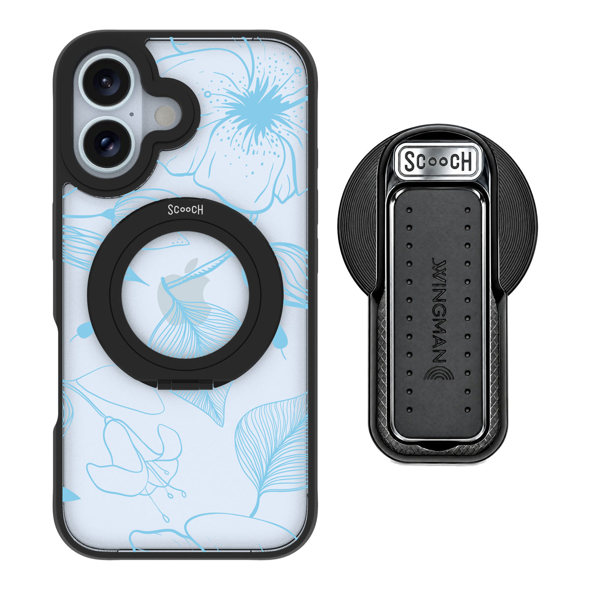 Scooch MagCase Blue Hibiscus for iPhone 16 — MagSafe Wingback Bundle - Black