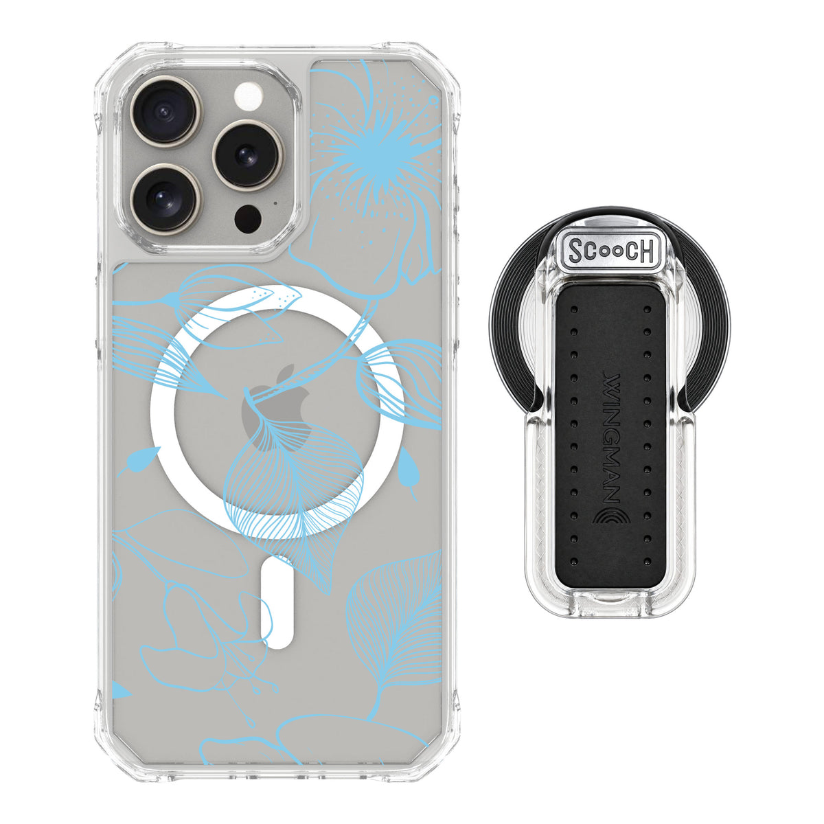 Scooch MagCase Blue Hibiscus for iPhone 15 Pro Max — MagSafe Wingback Bundle - Clear