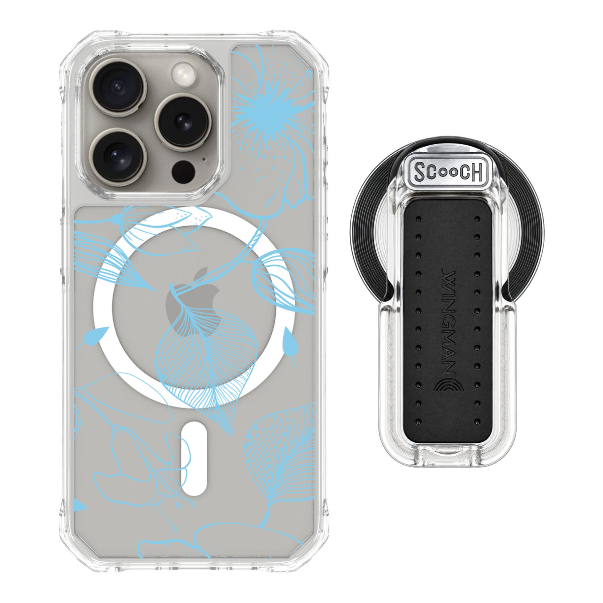 Scooch MagCase Blue Hibiscus for iPhone 15 Pro — MagSafe Wingback Bundle - Clear