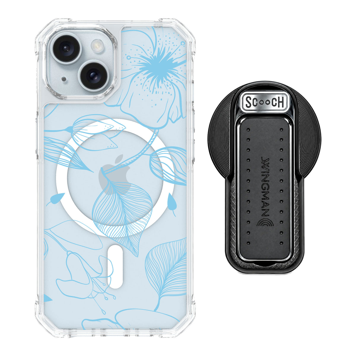 Scooch MagCase Blue Hibiscus for iPhone 15 — MagSafe Wingback Bundle - Black