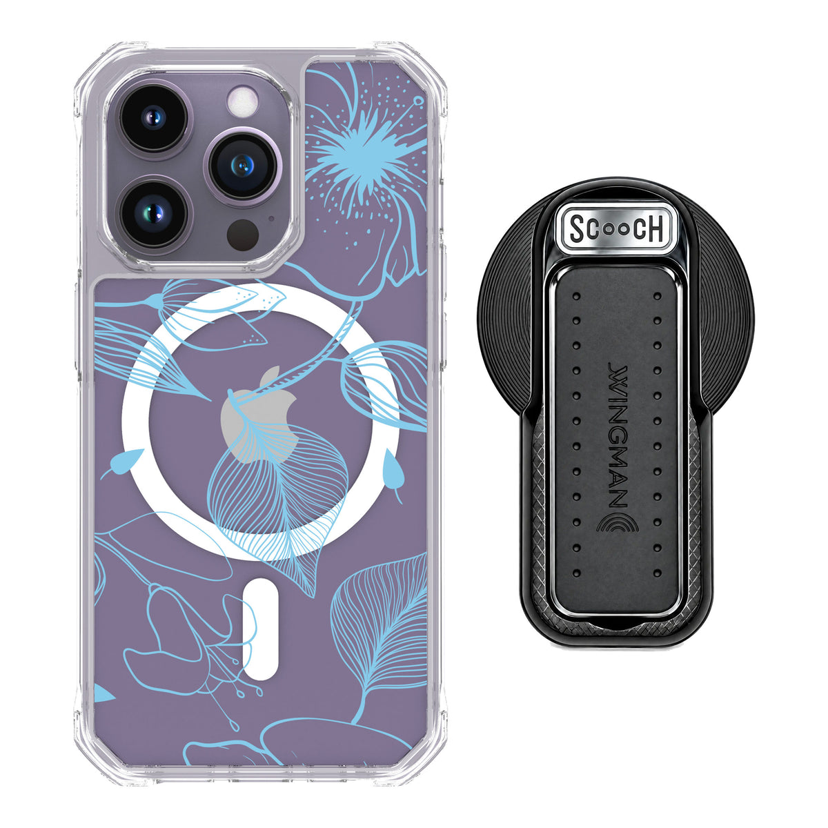 Scooch MagCase Blue Hibiscus for iPhone 14 Pro — MagSafe Wingback Bundle - Black