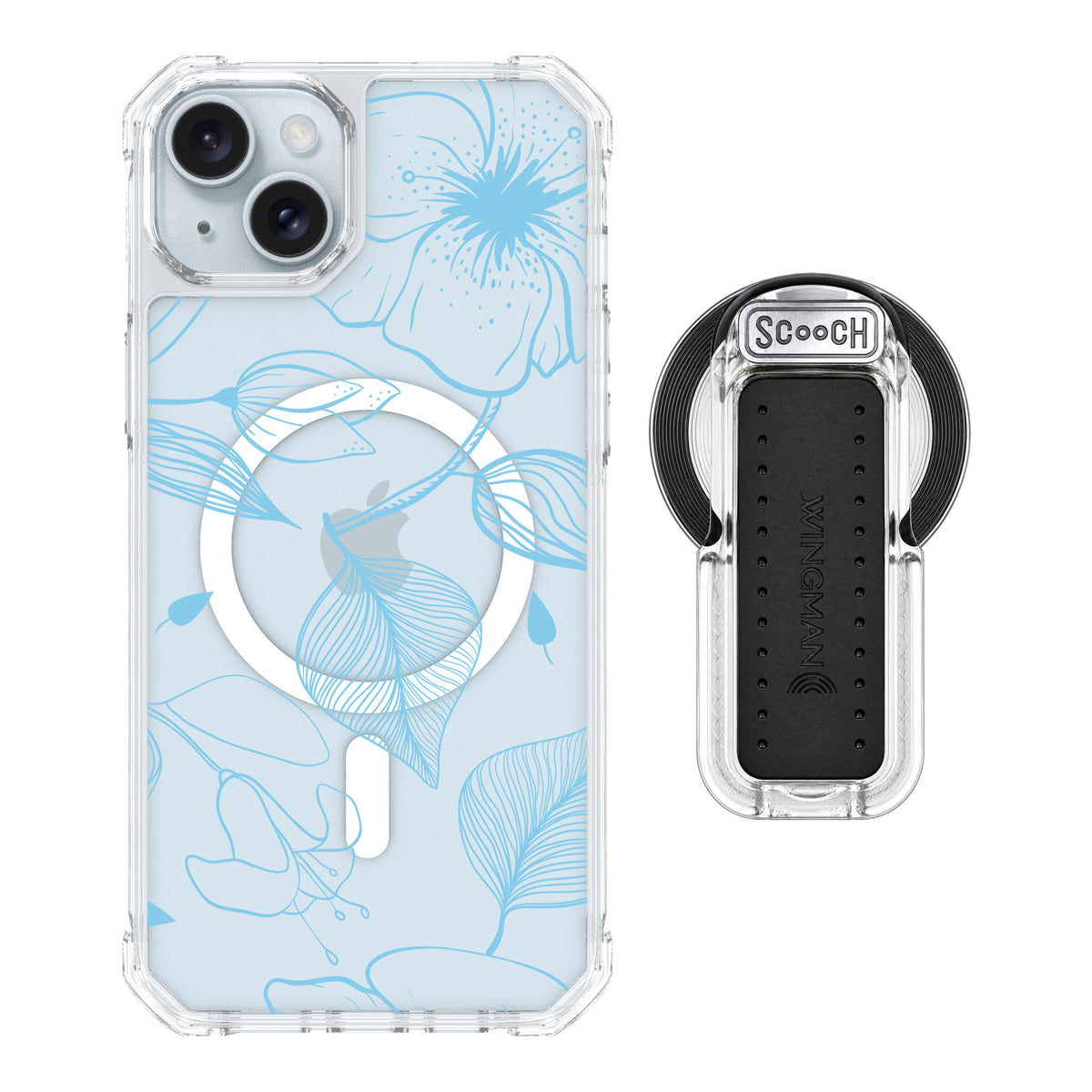Scooch MagCase Blue Hibiscus for iPhone 14 Plus — MagSafe Wingback Bundle - Clear