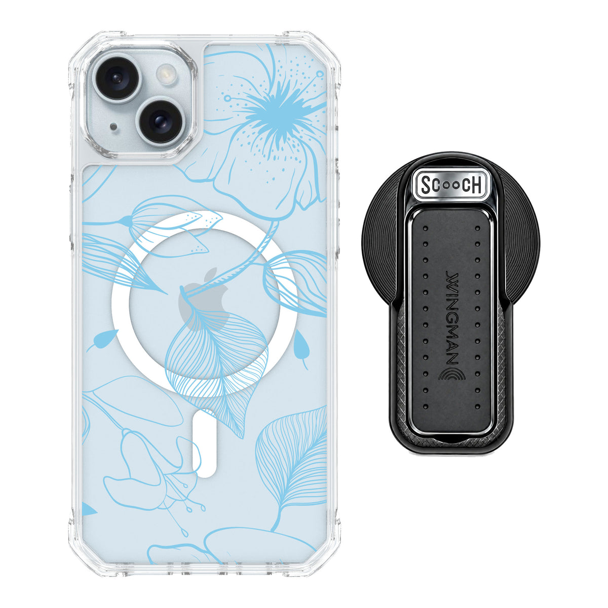 Scooch MagCase Blue Hibiscus for iPhone 14 Plus — MagSafe Wingback Bundle - Black
