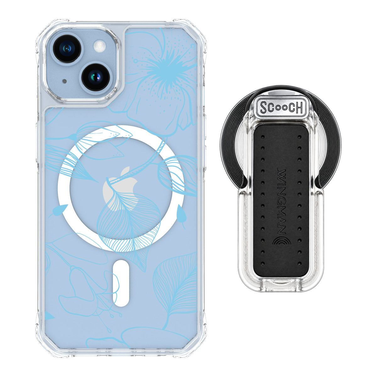 Scooch MagCase Blue Hibiscus for iPhone 14 — MagSafe Wingback Bundle - Clear