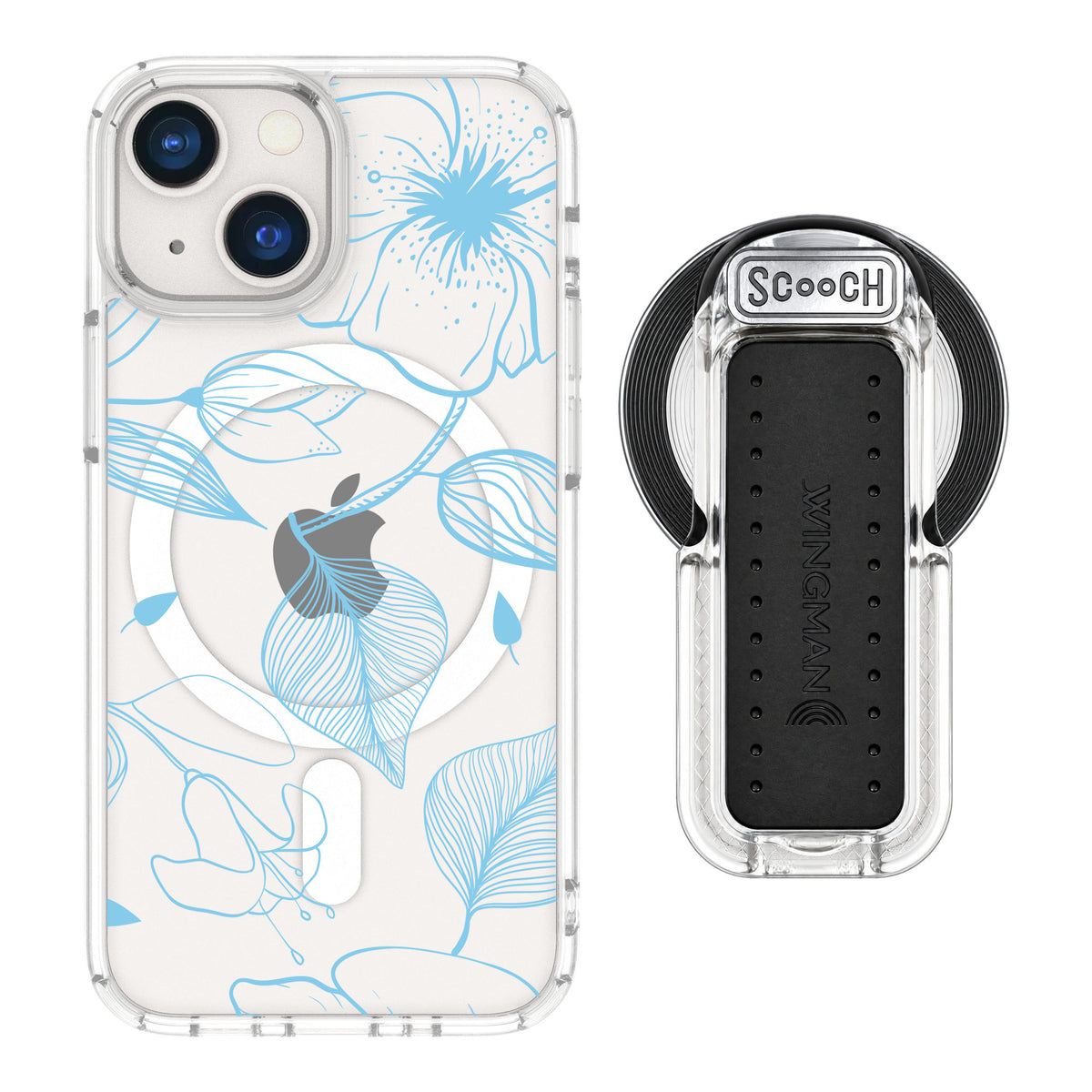 Scooch MagCase Blue Hibiscus for iPhone 13 mini — MagSafe Wingback Bundle - Clear