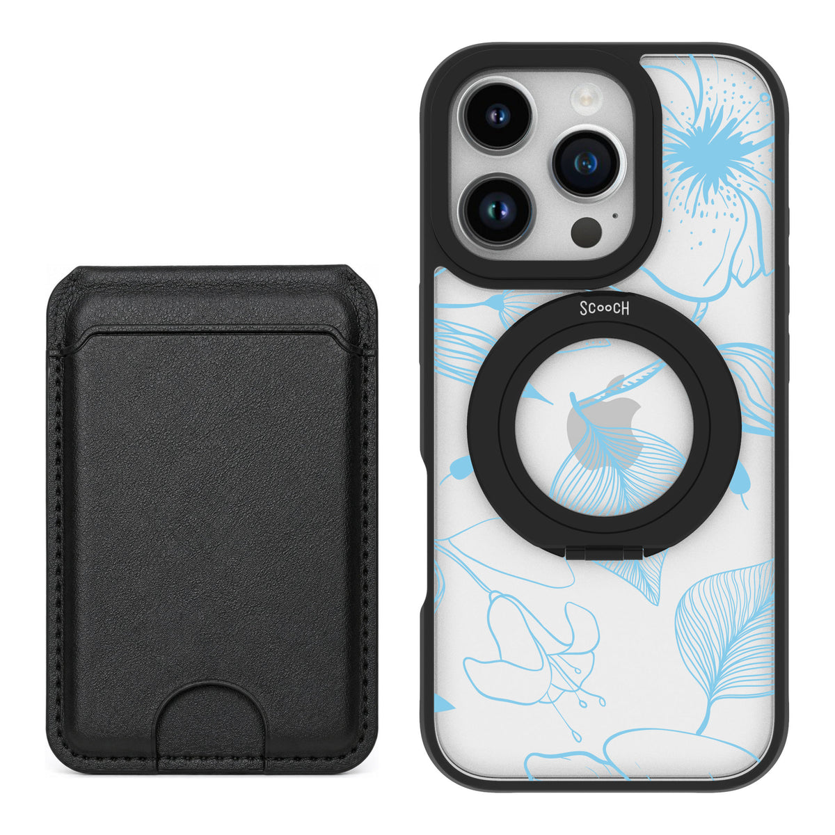 Scooch MagCase Blue Hibiscus for iPhone 16 Pro — Black MagWallet Bundle