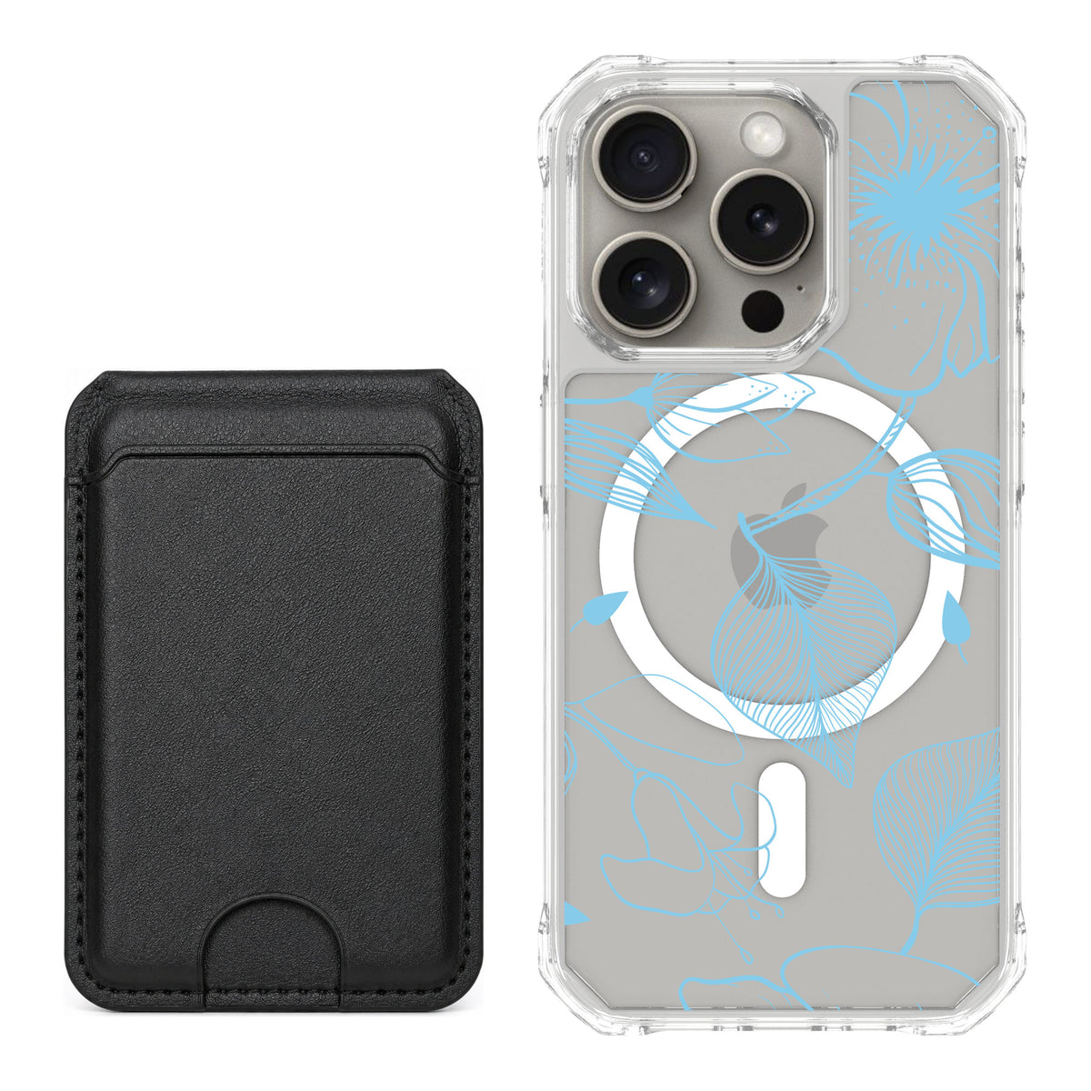 Scooch MagCase Blue Hibiscus for iPhone 15 Pro — Black MagWallet Bundle