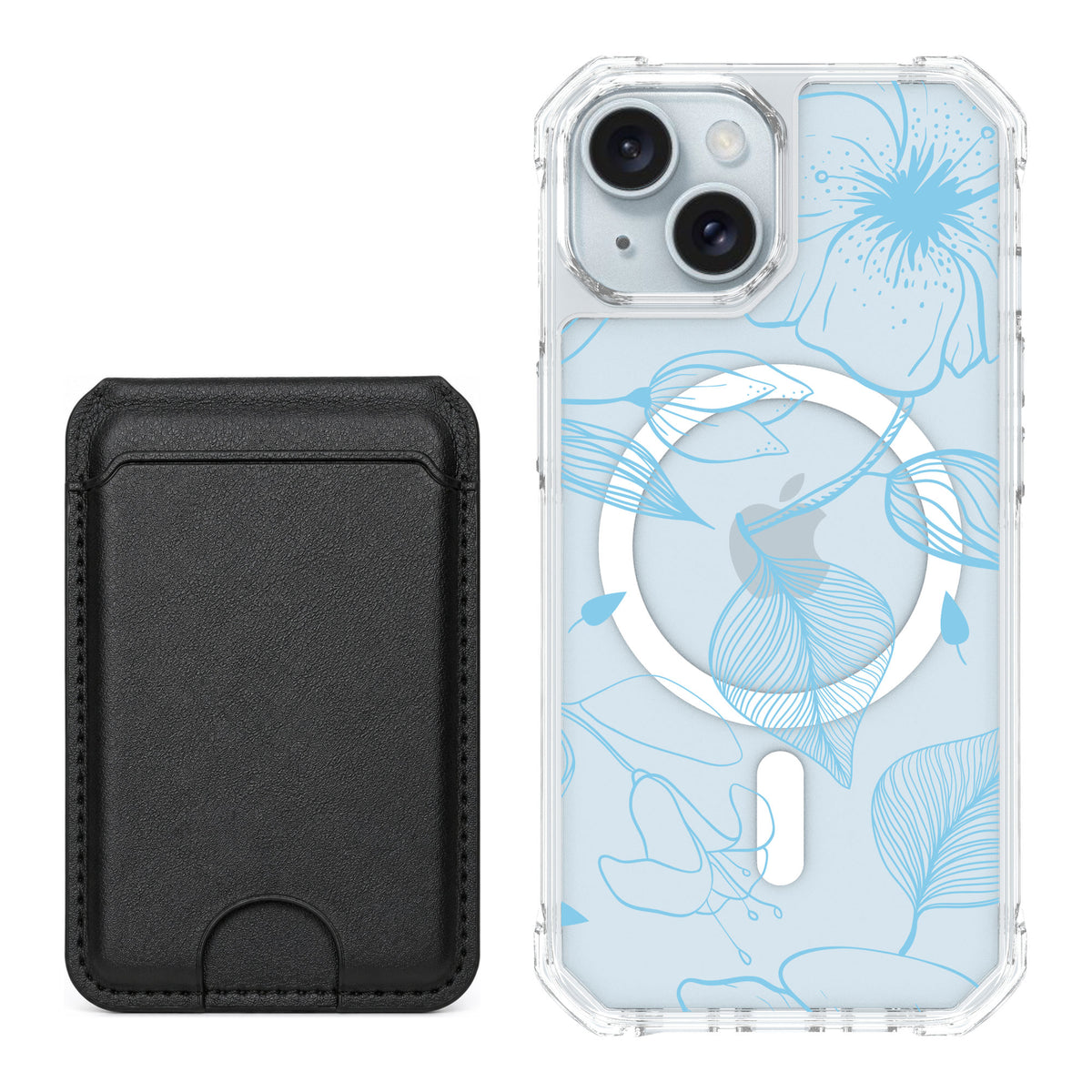 Scooch MagCase Blue Hibiscus for iPhone 15 — Black MagWallet Bundle