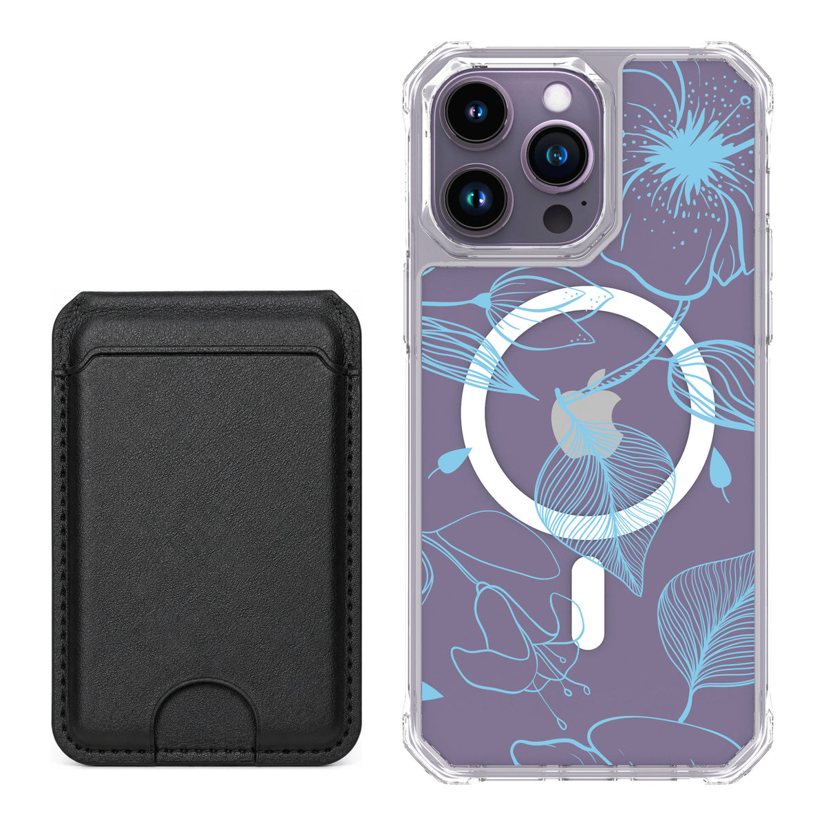 Scooch MagCase Blue Hibiscus for iPhone 14 Pro Max — Black MagWallet Bundle
