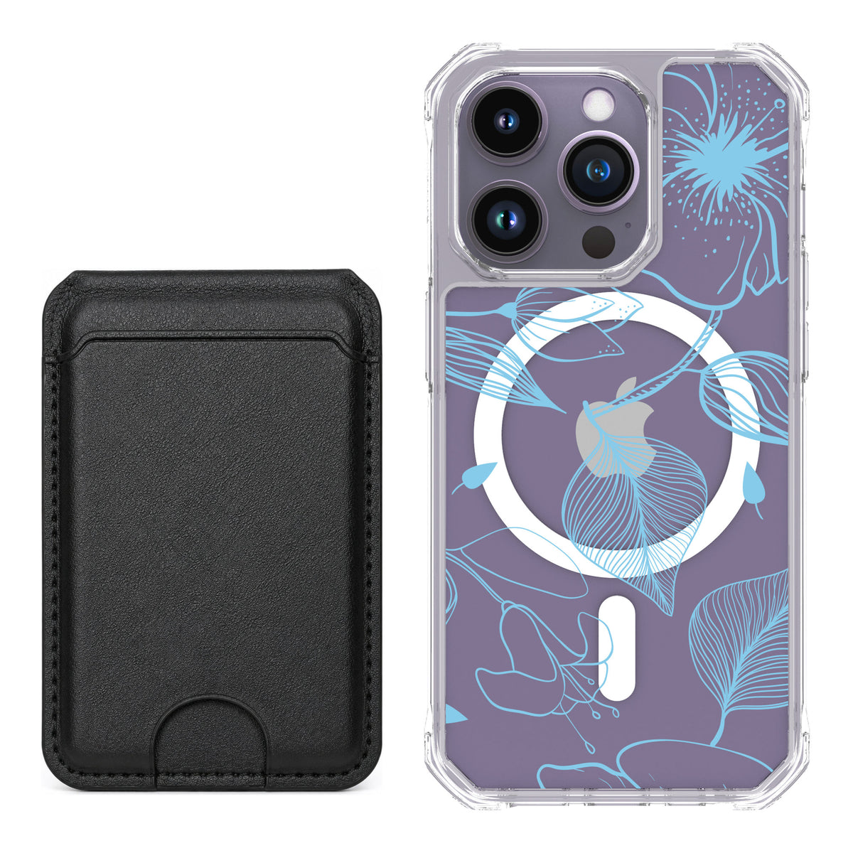 Scooch MagCase Blue Hibiscus for iPhone 14 Pro — Black MagWallet Bundle