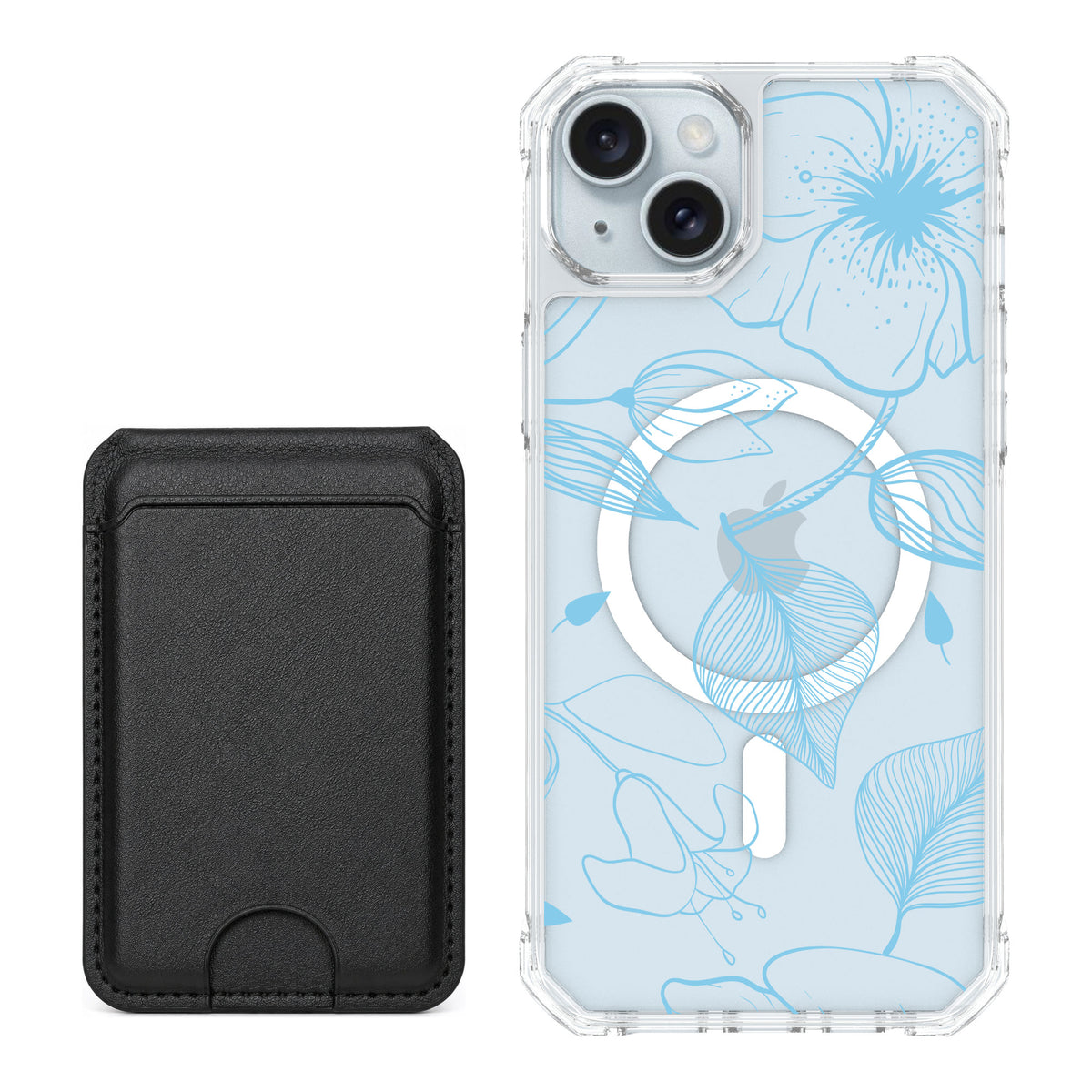 Scooch MagCase Blue Hibiscus for iPhone 14 Plus — Black MagWallet Bundle