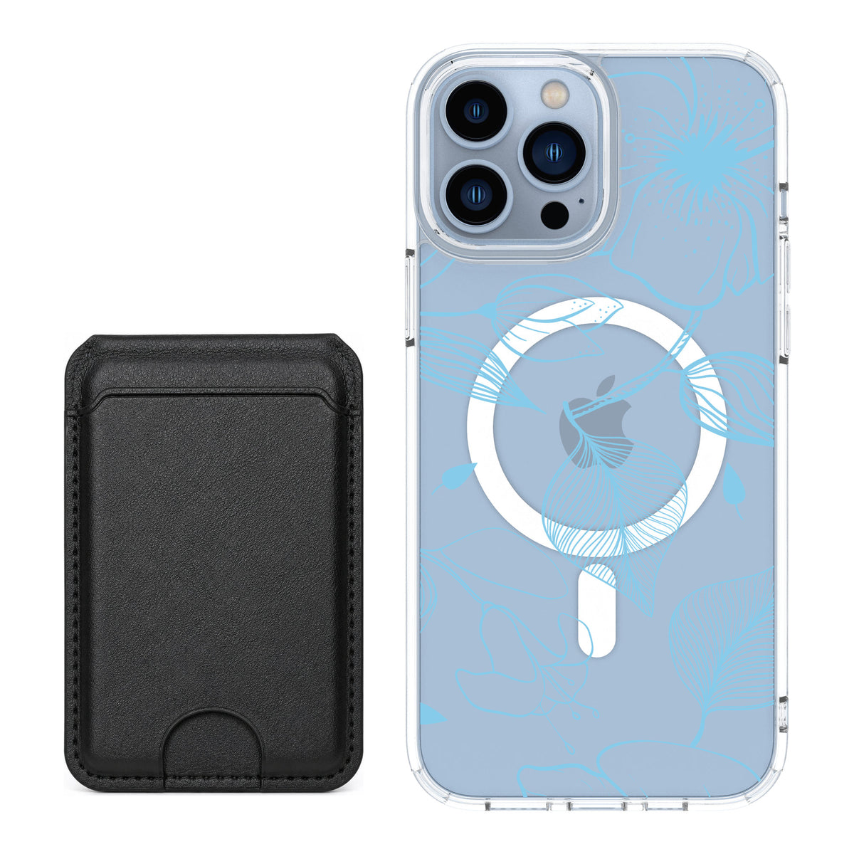 Scooch MagCase Blue Hibiscus for iPhone 13 Pro Max — Black MagWallet Bundle