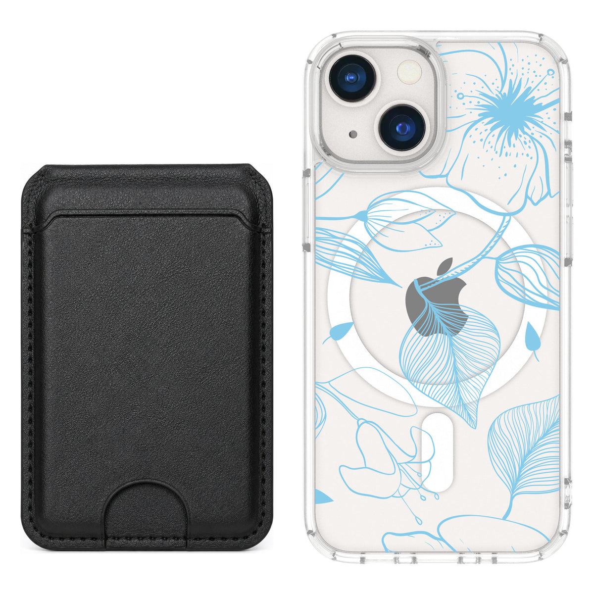 Scooch MagCase Blue Hibiscus for iPhone 13 mini — Black MagWallet Bundle